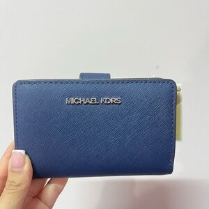 Michael Kors Navy Saffiano Compact Wallet with Gold Logo